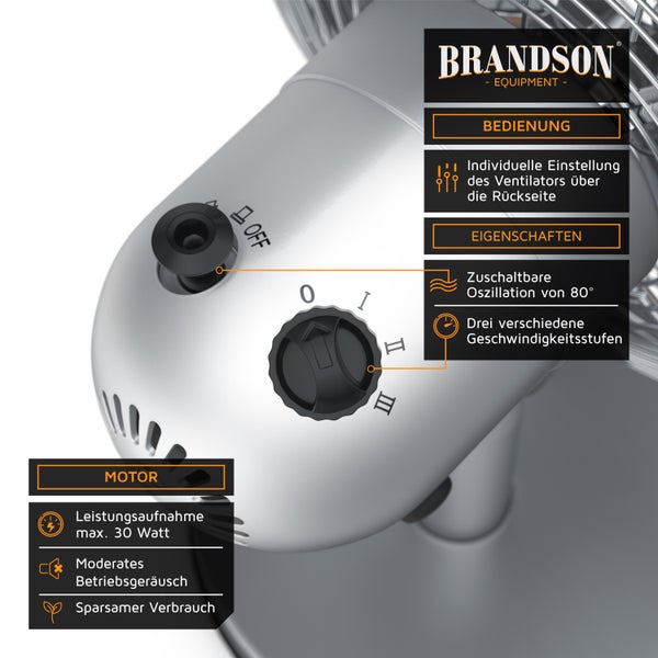 Brandson Tischventilator, mobiler Lüfter, oszillierend 80°, Ventilator mit 3 Geschwindigkeitsstufen, Robustes Voll-Metallgehäuse, Neigung ca. 40°
