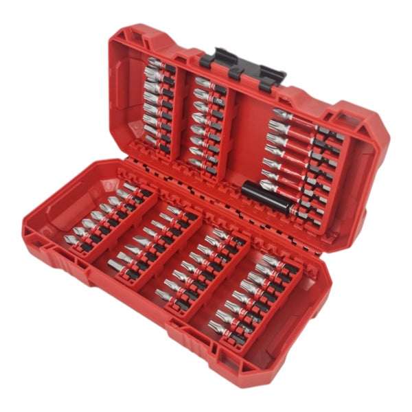 Milwaukee Shockwave Bit Set in einer roten Kunststoffbox mit verschiedenen Schrauberbits übersichtlich sortiert.