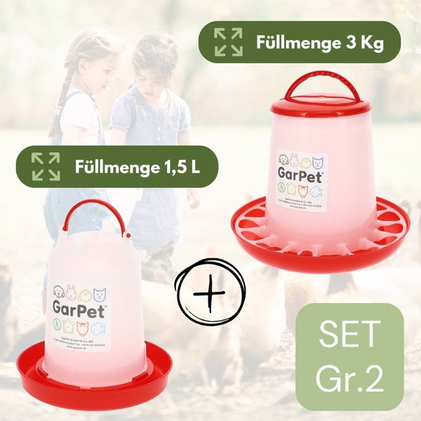 Futterautomat Hühner + Hühnertränke im Set Futterspender Futtertrog Küken Hühner Zubehör Kükentränke Geflügeltränke Wassertränke Wasserspender Gr. 2