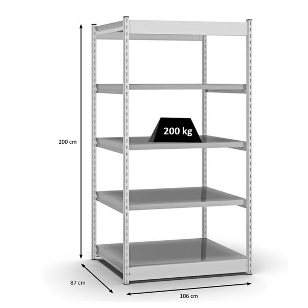 PROREGAL Fachbodenregal Stecksystem Vierkant-Profil Grundregal HxBxT 200 x 102,5 x 80 cm 5 Ebenen Einseitige Bauart Fachlast 200 kg Lichtgrau