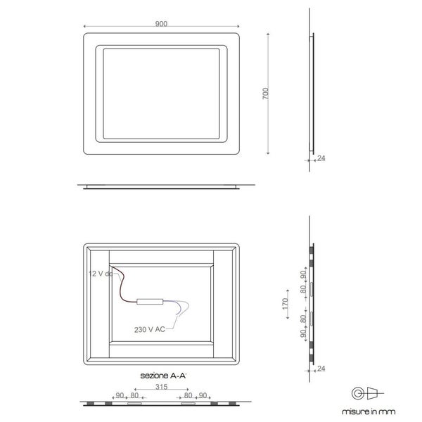 Spiegel 90x60 mit Front- und Rückbeleuchtung LED und Sandstrahlen