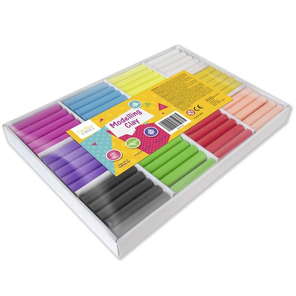 Set mit 120 Stangen Modellierknete in 24 Farben, weich und ungiftig, übersichtlich in einer weißen Schachtel angeordnet.