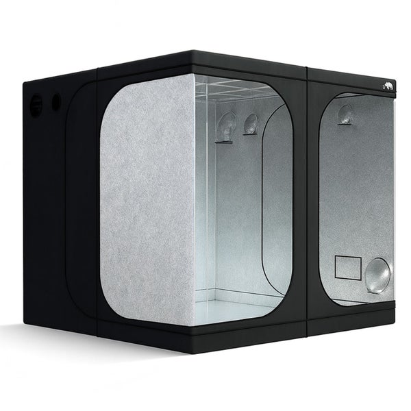 Schwarzes Growzelt mit reflektierender Innenbeschichtung, Belüftungsöffnungen und Reißverschlusstüren für die Pflanzenzucht, Mammoth Logo.