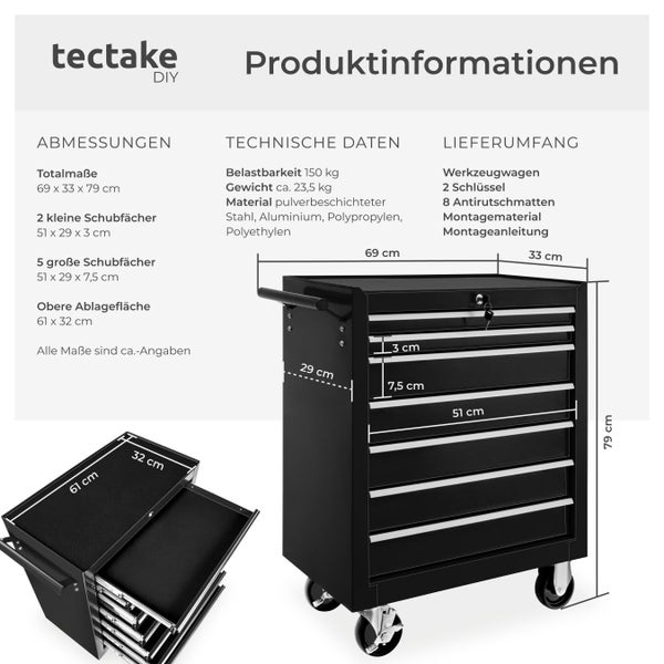 Produktinformationen zum Werkzeugwagen mit Schubladen und Ablagefläche von tectake DIY, inklusive Maße und Lieferumfang.