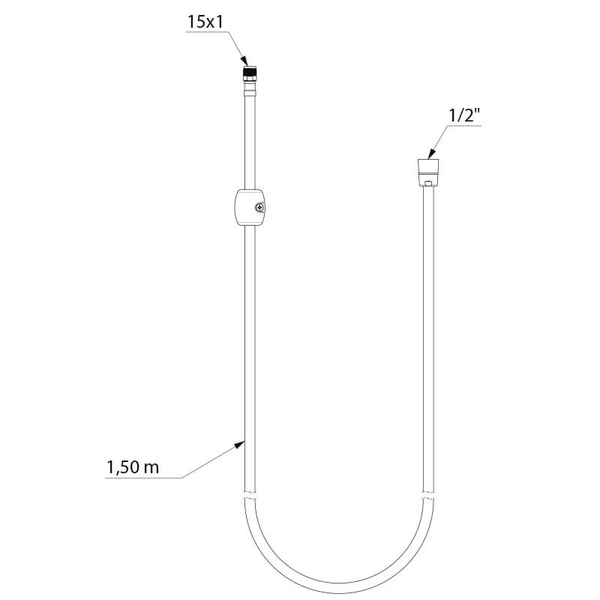 Technische Zeichnung eines Brauseschlauchs, Länge 1,50 Meter, Anschlüsse 15 mal 1 und 1/2 Zoll.
