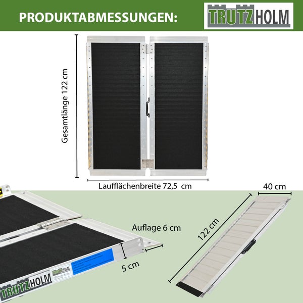 Produktabbildung einer silberfarbenen Trutzholm Rollstuhlrampe mit Größenangaben