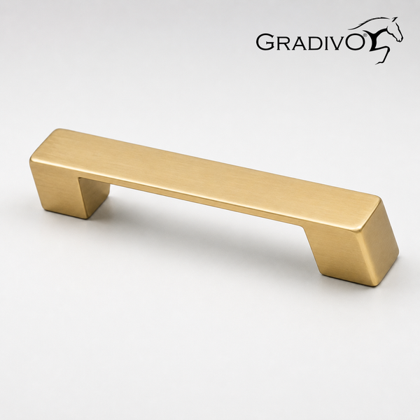 Möbelgriff aus Metall mit gebürsteter Oberfläche in Gold-Optik, rechteckiges Design, Gradivo Logo.