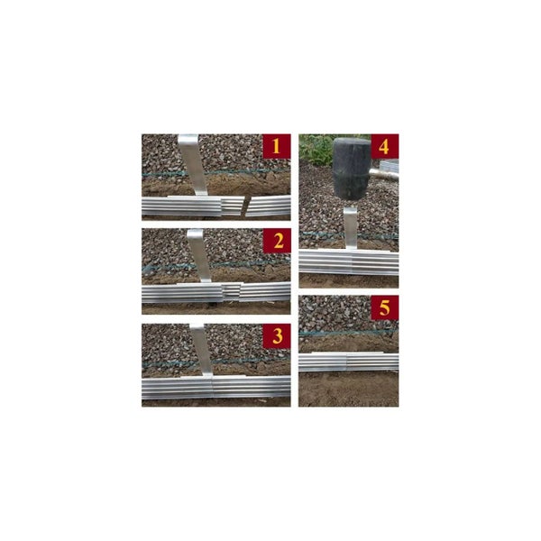 Bildmontage zeigt die Installation einer Rasenkante mit Erdankern.