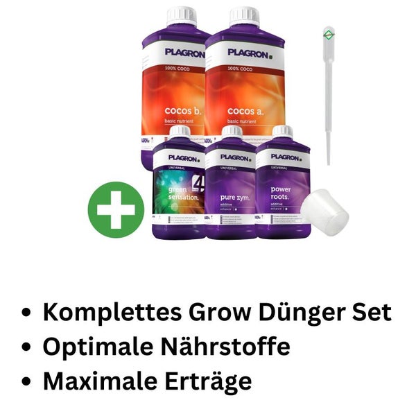 Plagron Coco Basic 5-Teiliges Dünger Set – Komplettnährstoff für Cocos-Anbau | Für Gesundes Wachstum & Reiche Blüten, inklusive Coco A&B, Green Sensation, pH-Kontrolle & mehr