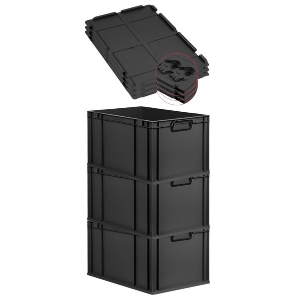 PROREGAL SuperSparSet 3x Eurobox NextGen Color mit Scharnierdeckel und Schiebeschnappverschlüssen, HxBxT 32x40x60cm, 65 Liter, Schwarz, Griffe schwarz geschlossen, Verstärkter Boden, Eurobehälter, Transportbox, Transportbehälter, Stapelbehälter