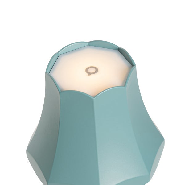 Türkisfarbene Außenleuchte mit kelchförmigem Schirm, beleuchteter Oberseite und integriertem Touch-Sensor.