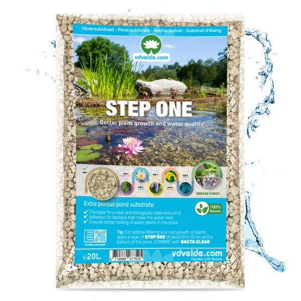 vdvelde Teichsubstrat Step One, 20 Liter Sack, offenporiges Gestein für besseres Pflanzenwachstum und Wasserqualität.