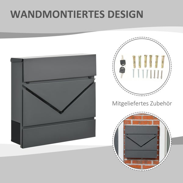 HOMCOM Briefkasten Wandbriefkasten mit Schloss, Deckel, Postkasten aus Verzinktem Stahl, für Outdoor, 37 x 10,5 x 37 cm, Dunkelgrau
