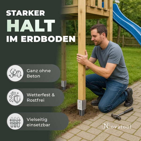 Montage eines Holzpfostens mit einer Bodenhülse ohne Beton. Wetterfest, rostfrei und vielseitig einsetzbar. Novatool Logo.