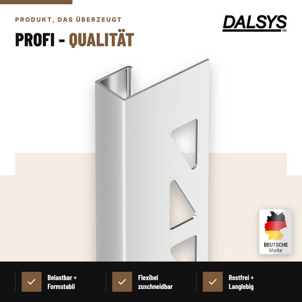 Fliesenprofil aus Metall von Dalsys für professionelle Kantenabschlüsse, rostfrei, formstabil und einfach zuschneidbar.