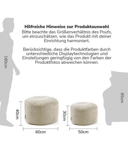 mokebo Pouf oder Sitzhocker aus Cord 'Der Faule Lenz', Fußhocker in Beige mit EPS-Perlen Füllung