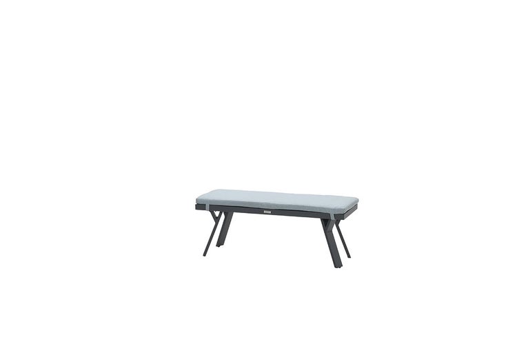 Gartenbank ohne Rückenlehne mit Sitzkissen und Metallgestell.