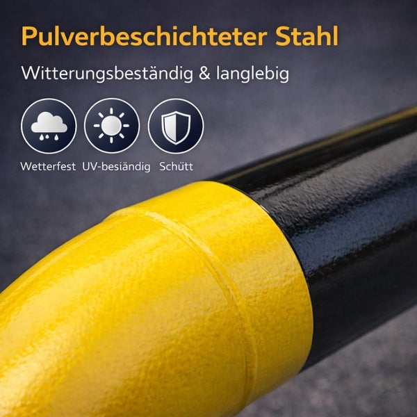 Detailansicht eines schwarz-gelben Pfostens aus pulverbeschichtetem Stahl mit Symbolen für Wetterfestigkeit, UV-Beständigkeit und Schutz.