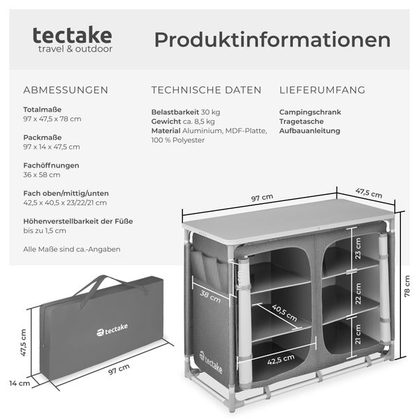 Produktinformationen Camping-Schrank von tectake mit Maßen und Details