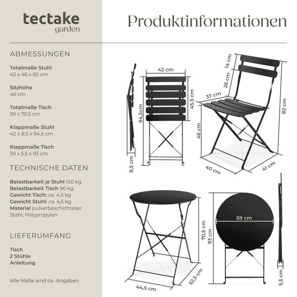 Bistrotisch Set tectake Frieda Belastbarkeit Stuhl 120 kg für 2 Personen schwarz