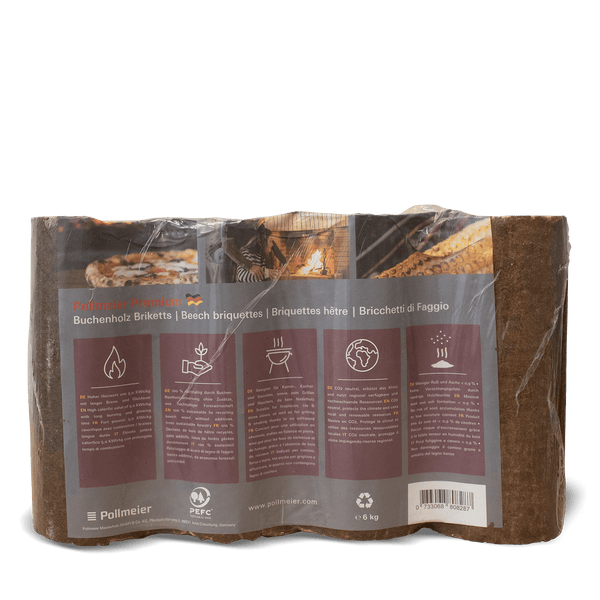 Pollmeier Premium Buchenholz Briketts in einer 6 Kilogramm Kunststoffverpackung für Kamine und Öfen.