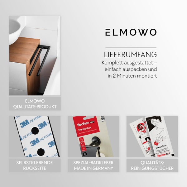 ELMOWO Handtuchhalter Lieferumfang inklusive 3M Klebepad, Fischer Badkleber und Reinigungstüchern für einfache Badmontage.