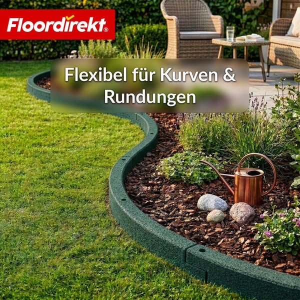 Gartenszene mit flexibler Rasenkante zur Abgrenzung von Rasen und Blumenbeet