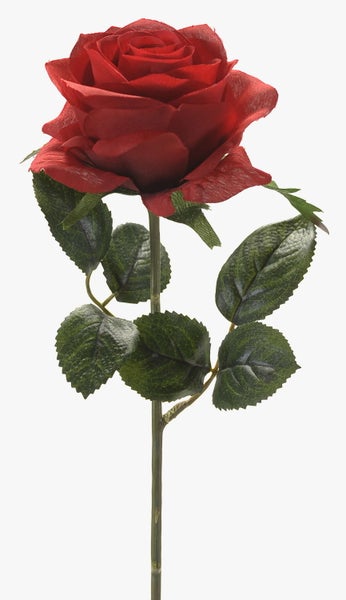 Künstliche Rose in Rot mit grünem Stiel und Blättern.