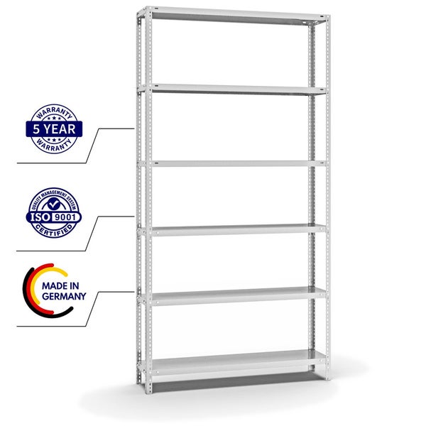 PROREGAL Fachbodenregal Schraubsystem Light-Duty Grundregal HxBxT 250 x 130 x 30 cm 6 Ebenen Fachlast 125 kg Beidseitig Nutzbar Lichtgrau
