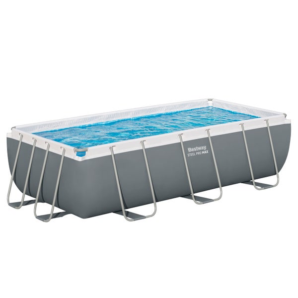 Bestway Steel Pro Max Aufstellpool, rechteckig, mit grauem Rahmen und weißem Rand, gefüllt mit Wasser.
