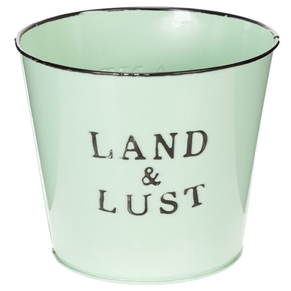 Metall-Übertopf mit dem Aufdruck Land und Lust