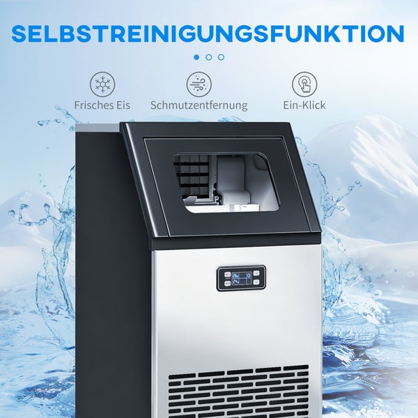 Eismaschine mit Selbstreinigungsfunktion für frisches Eis, Schmutzentfernung und einfache Ein-Klick Bedienung.