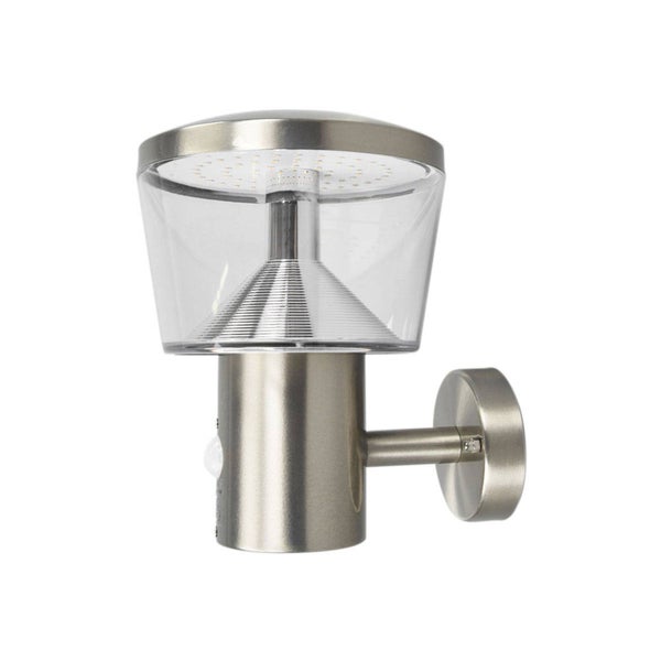 Moderne LED Außenwandleuchte aus Edelstahl mit integriertem Bewegungsmelder und klarem Kunststoffschirm.