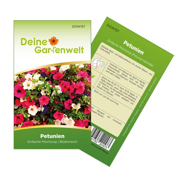 Samentüte Petunien Einfache Mischung von Deine Gartenwelt, Vorderseite und Rückseite mit Pflanzanleitung.