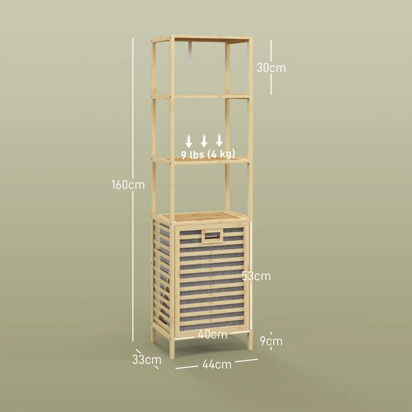 HOMCOM Badregal mit Wäschekorb, Badezimmerregal mit 3 Ebenen, Ausziehbarem Stoffkorb, Badschrank mit Kippschutz für Wohnzimmer, Badezimmer, Bambus, 44 x 33 x 160 cm