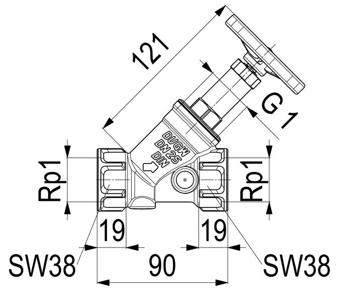 Technische Zeichnung Freistromventil Nennweite 25 mit Maßen: Länge 90, Höhe 121, Gewinde 1 Zoll, Schlüsselweite 38.