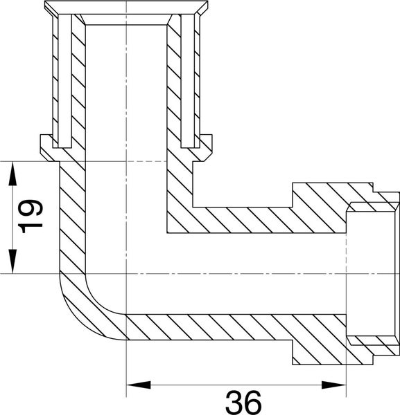 Technische Zeichnung eines 90 Grad Rohrbogens mit den Maßen 19 und 36 Millimeter.