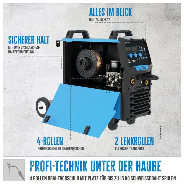 Schweißgerät mit Digitaldisplay, Twin Gasflaschen Haltevorrichtung, 4-Rollen Drahtvorschub und Lenkrollen für flexiblen Transport.
