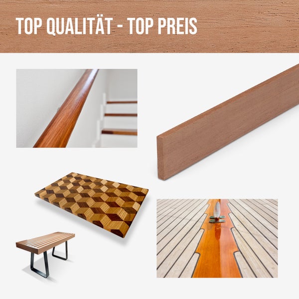 Collage verschiedener Holzanwendungen wie Treppengeländer, Sitzbank, dekorativem Brett und Schiffsdeck mit einem Holzbrett und Qualitätsversprechen.