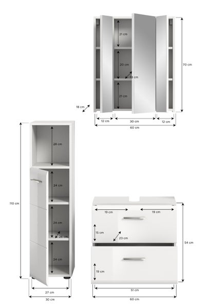 Skizze mit Abmessungen eines weißen Badezimmermöbel-Sets bestehend aus Spiegelschrank, Hochschrank und Waschtischunterschrank.