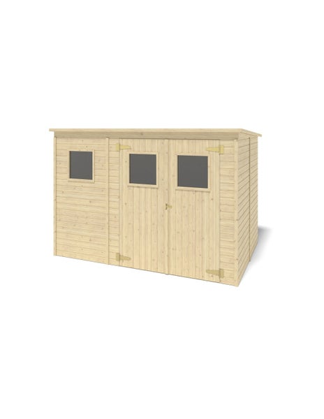 Gartenhaus aus Holz mit Pultdach, Doppeltür und drei Fenstern.