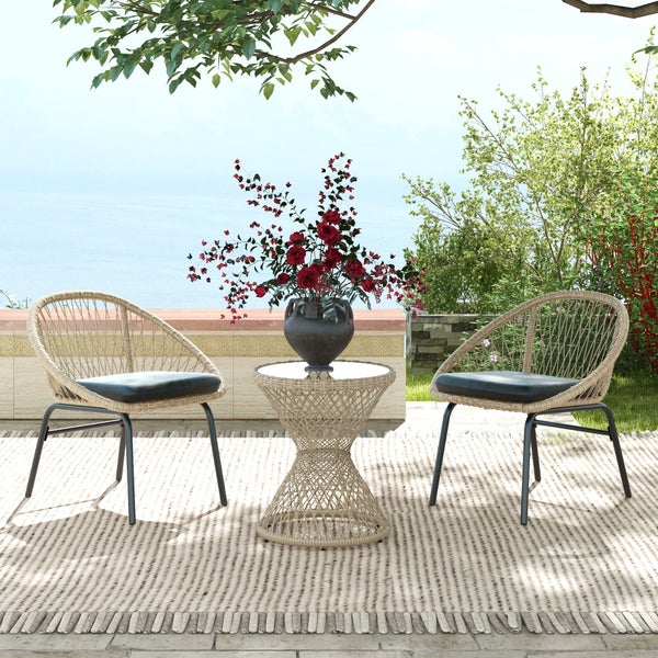 Outsunny Beistelltisch Rattan Gartentisch, 45 x 45 cm Couchtisch mit UV-Schutz, Balkontisch mit Tischplatte aus Sicherheitsglas, Kaffeetisch im Boho-Design, Braun