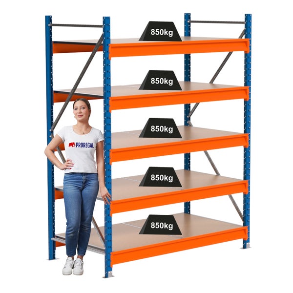 Lagerregal mit fünf Ebenen, belastbar mit 850 Kilogramm pro Ebene