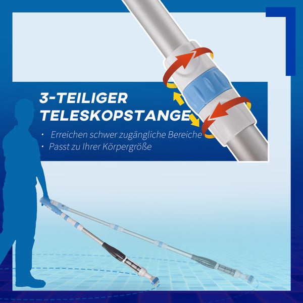 Outsunny Poolsauger mit Bürste, Lichter Poolreiniger mit verstellbarer Stange, 3 Sektionen Bodensauger für Unterirdische, Oberirdische Pools, Whirlpools, Ø6 x 106-162 cm, Alu, Blau+Weiß