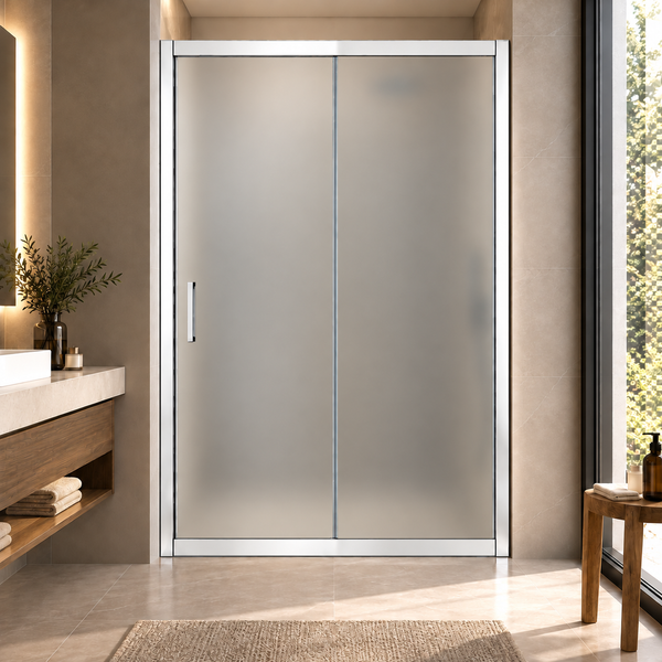 Moderne Duschtür mit satiniertem Glas und Metallrahmen in einem elegant eingerichteten Badezimmer mit Waschtisch und Holzablagen.