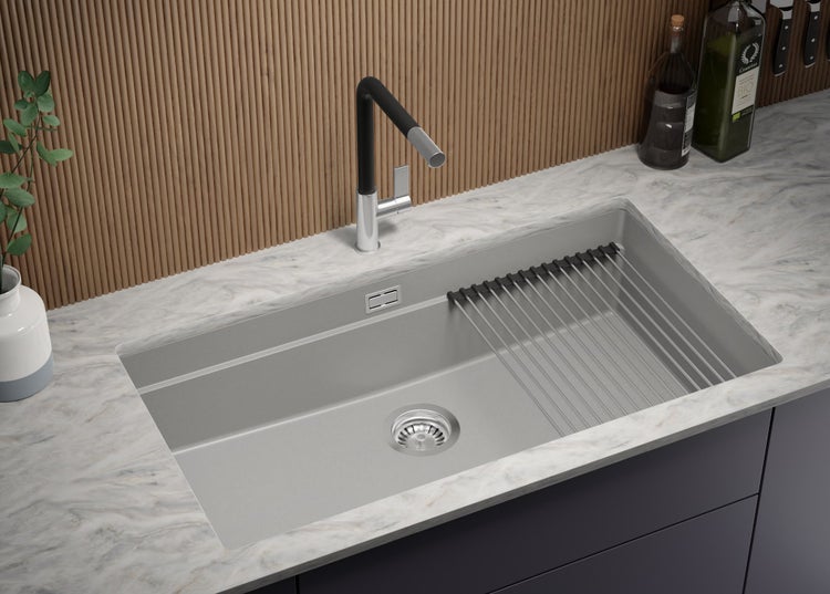 PRIMAGRAN Unterbauspüle Granit Grau 86x47cm, Spülbecken 1 Becken + Ablauf-Set + Aufrollbare Abtropffläche, Granitspüle ab 90er Unterschrank - Praga