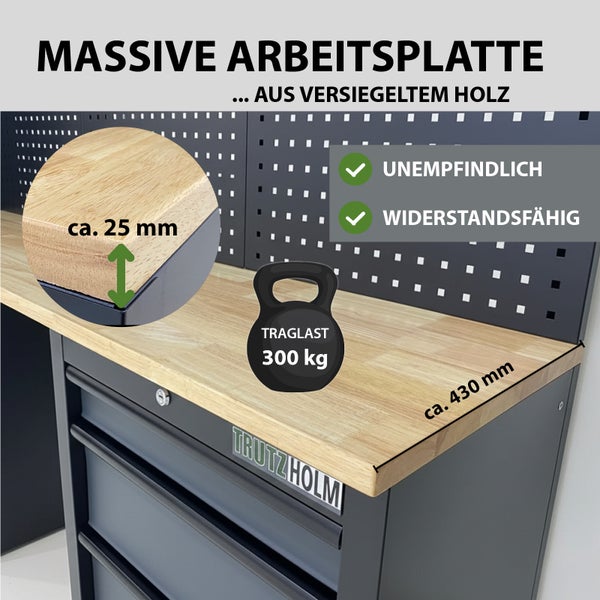Werkbank mit massiver Arbeitsplatte aus versiegeltem Holz, Belastbarkeit 300 Kilogramm, circa 25 Millimeter stark und circa 430 Millimeter tief