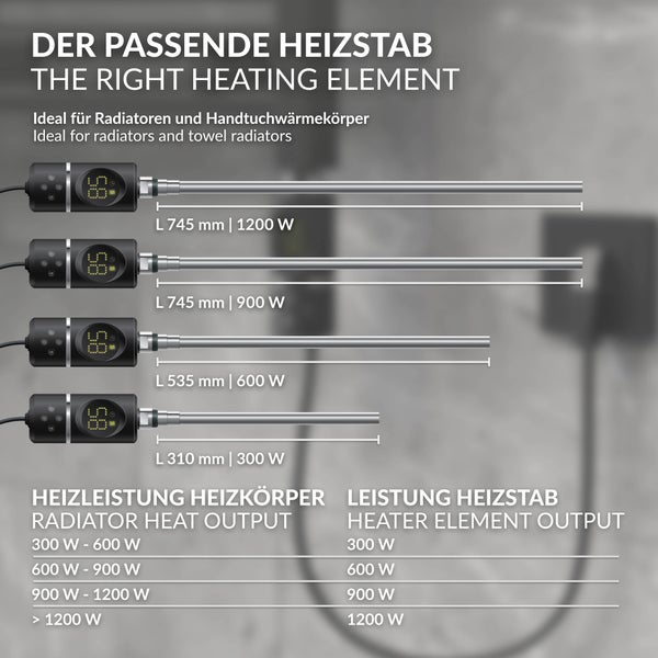 LuxeBath Heizstab 1200W Schwarz mit Thermostat und Digitalanzeige, Elektronischer Temperaturregler und Timer-Funktion, Heizpatrone Heizelemente für Badheizkörper Heizungen, Elektroheizstab mit Stecker