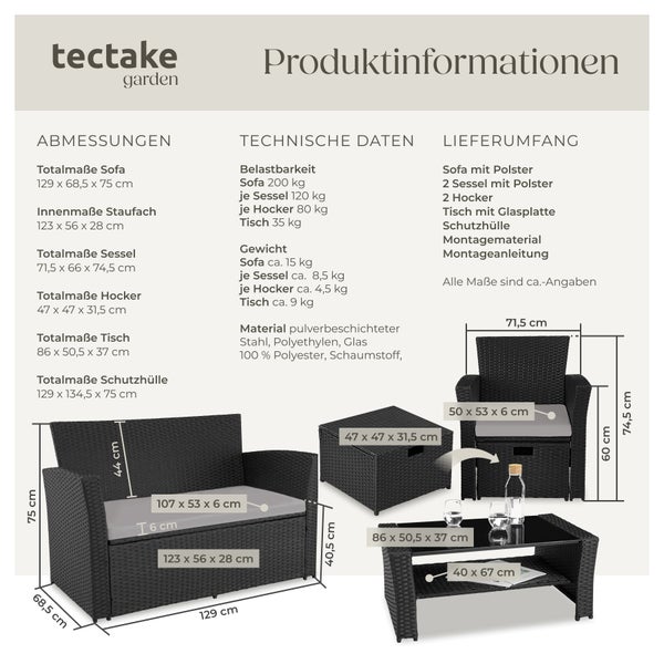 Rattan Sitzgruppe tectake Modena inklusive Staufach und Schutzhülle für 4 bis 6 Personen schwarz/grau
