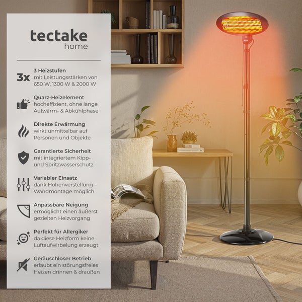 Tectake Home Infrarot Standheizstrahler mit 3 Heizstufen und verstellbarer Höhe in einem gemütlichen Wohnraum.